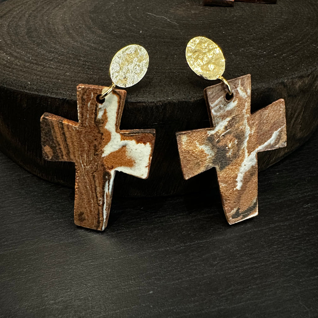 Handcrafted Terracotta-Tone Ceramic Cross Drop Earrings