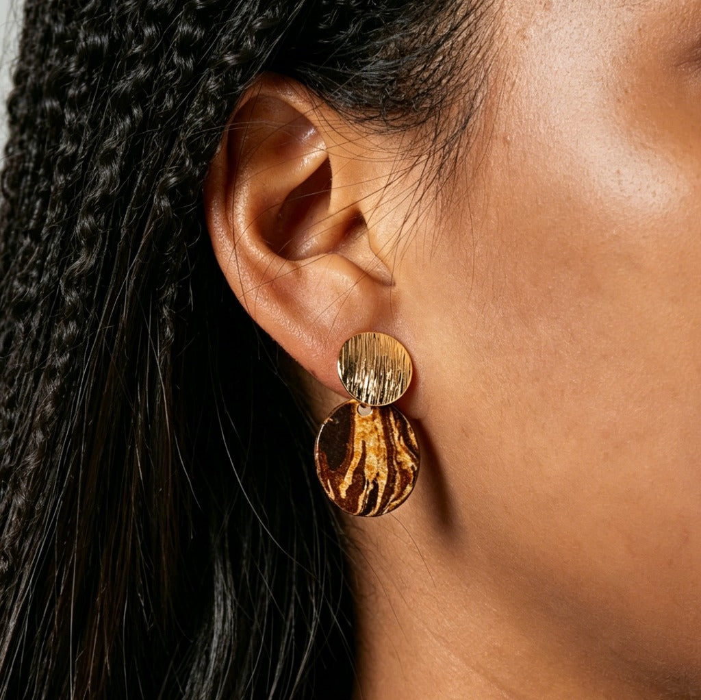 Artisan Nerikomi Ceramic Earrings – Gold Lined Circle Stud, Amber Oval Drop
