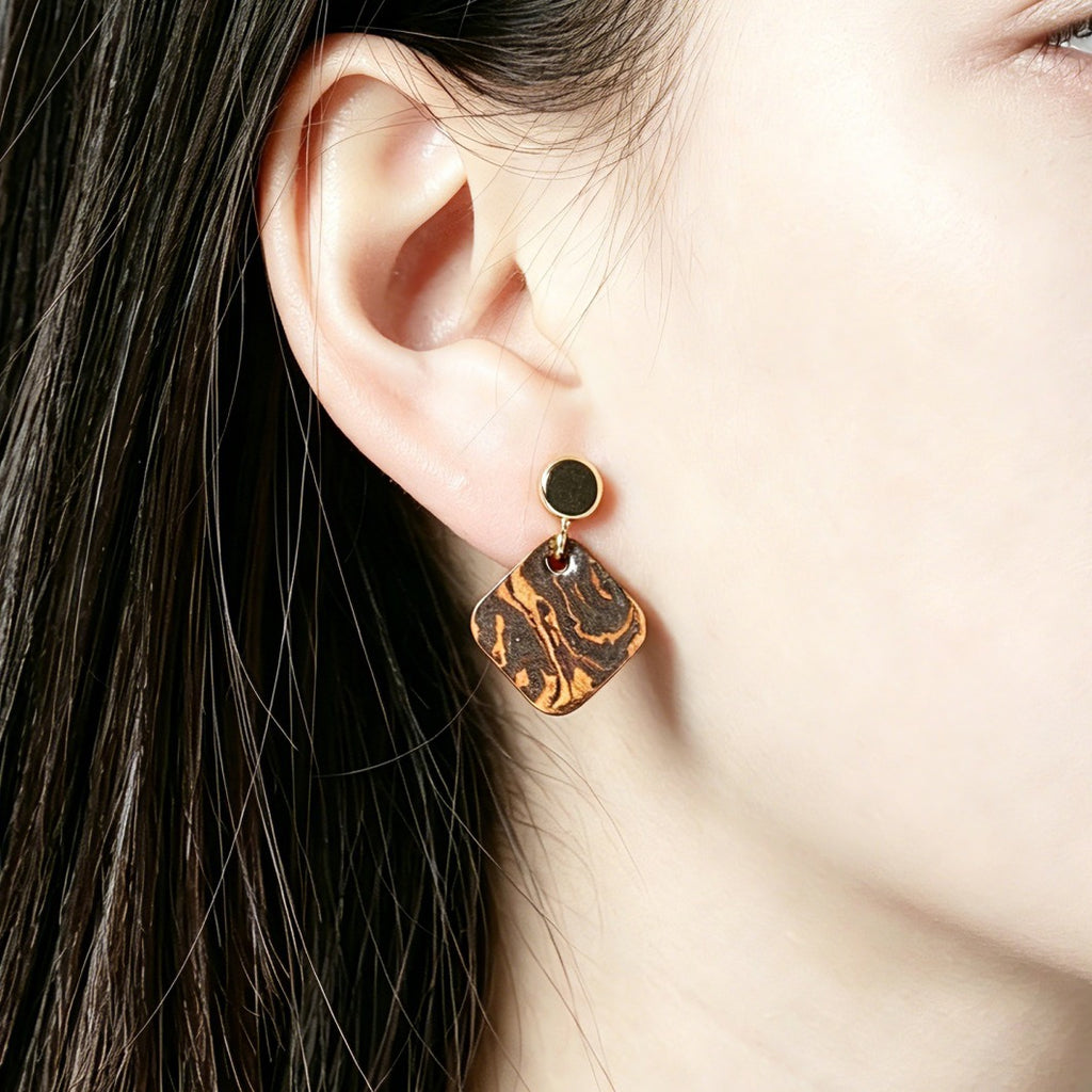 Artisan Nerikomi Ceramic Earrings – Gold Circle Stud, Amber Diamond Drop