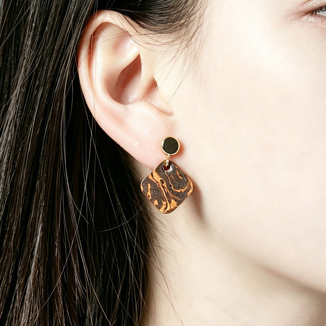 Artisan Nerikomi Ceramic Earrings – Gold Circle Stud, Amber Diamond Drop