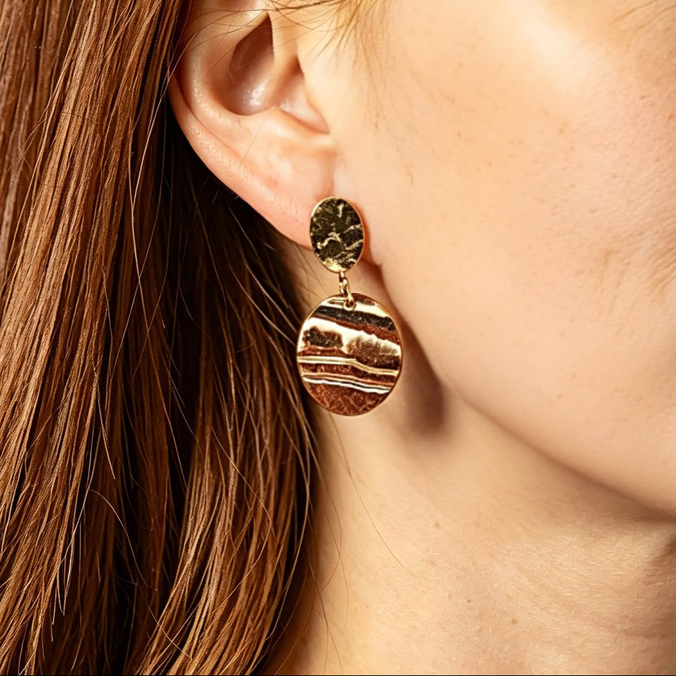 Artisan Nerikomi Ceramic Earrings – Gold Hammered Oval Stud