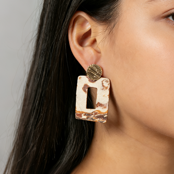Artisan Nerikomi Ceramic Earrings – Gold Lined Circle Stud, Open Rectangle Drop