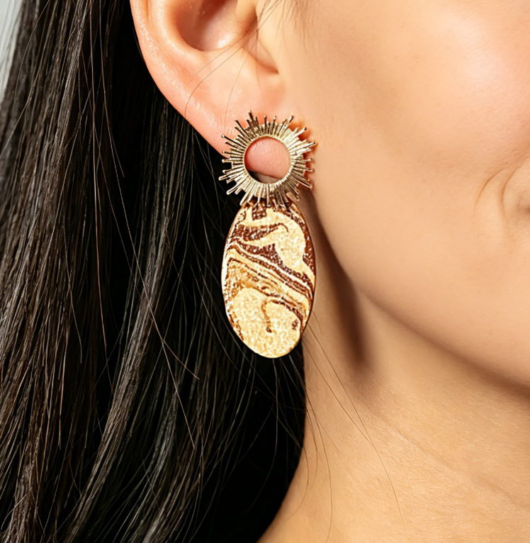 Artisan Nerikomi Ceramic Earrings – Gold Sun Stud, Oval Drop
