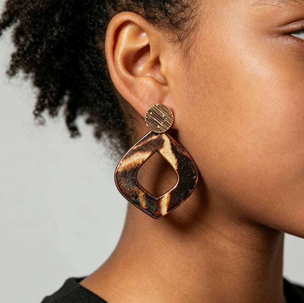Artisan Nerikomi Ceramic Earrings – Gold Lined Circle Stud, Open Organic Diamond Drop