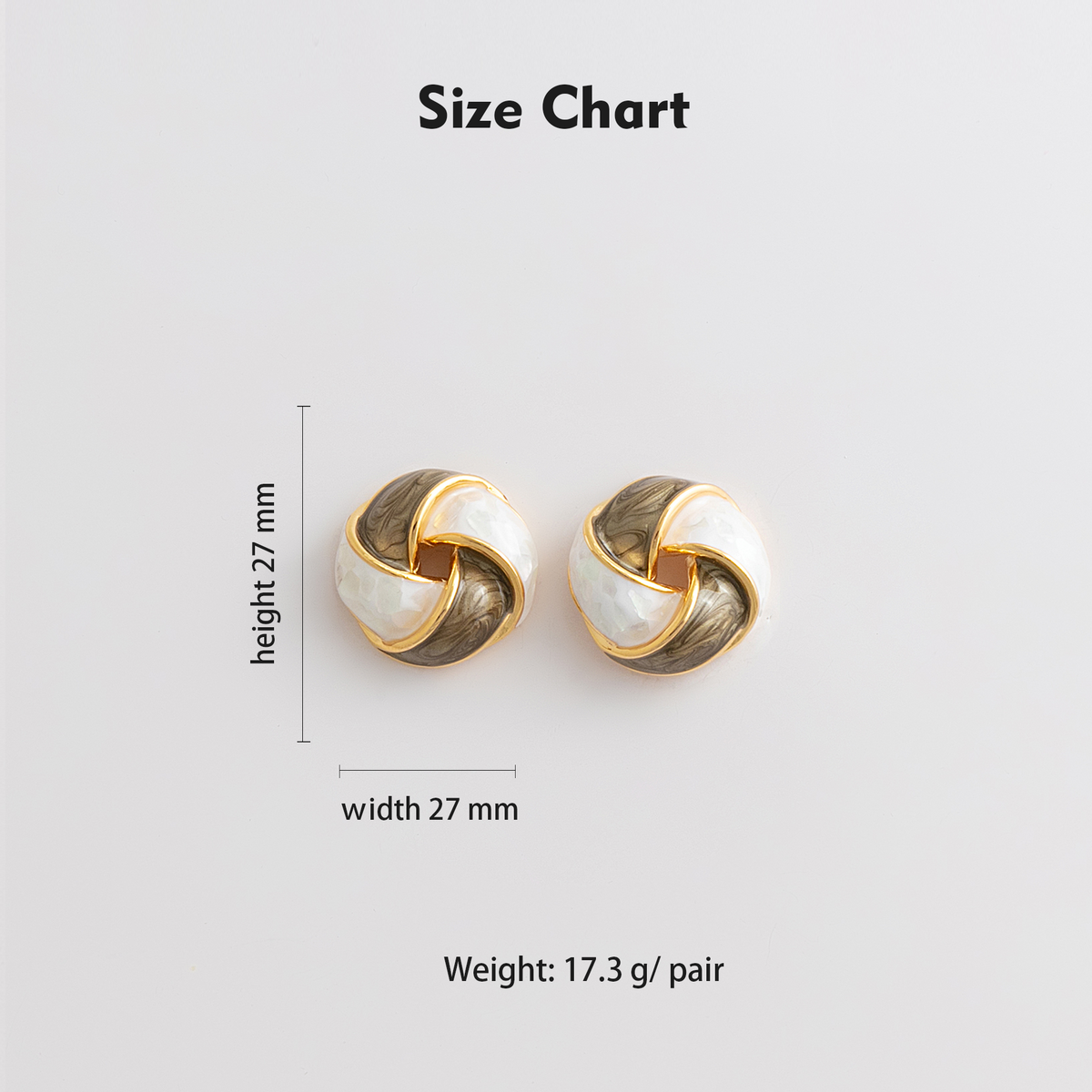 Size chart showing 27mm height, 27mm width, 17.3g per pair