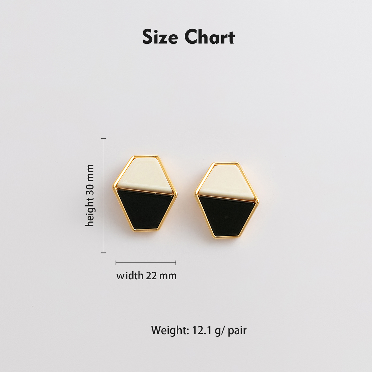 Size chart showing 30mm height, 22mm width, 12.1g per pair
