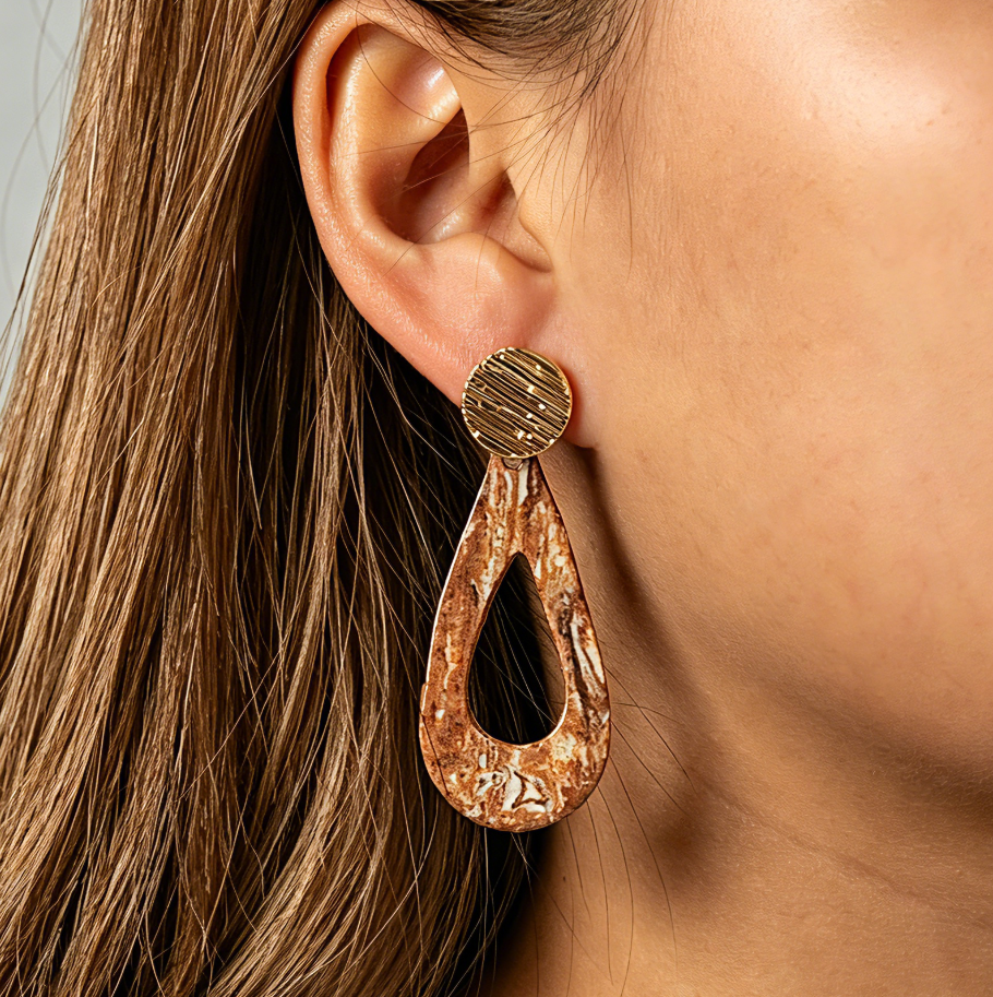 Artisan Nerikomi Ceramic Earrings – Gold Lined Circle Stud, Open Teardrop Drop