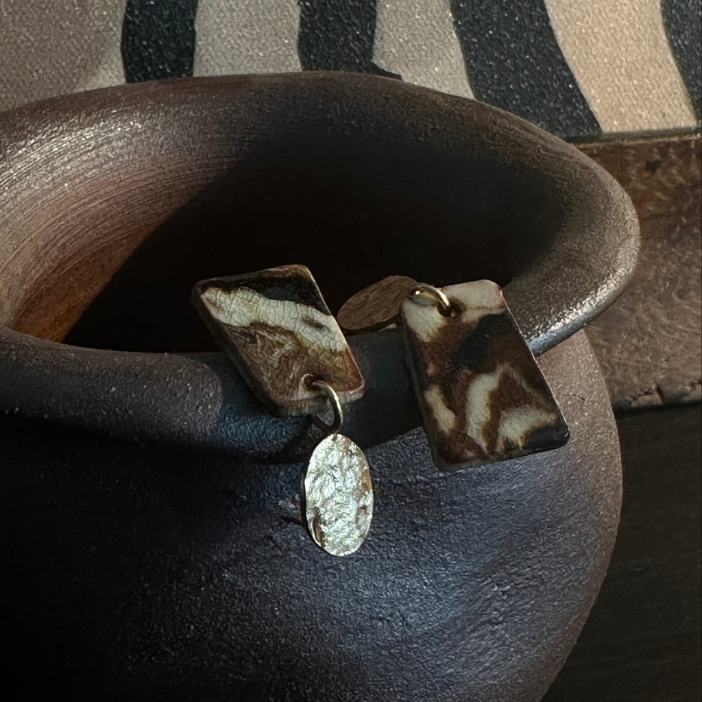 Artisan Nerikomi Ceramic Earrings – Gold Hammered Oval Stud, Rectangle Drop