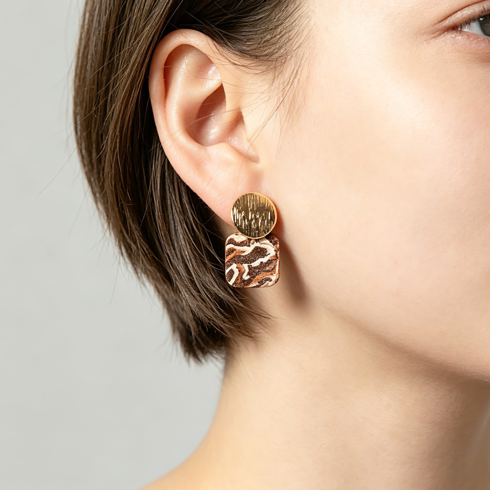 Artisan Nerikomi Ceramic Earrings – Gold Lined Circle Stud, Rose Square Drop
