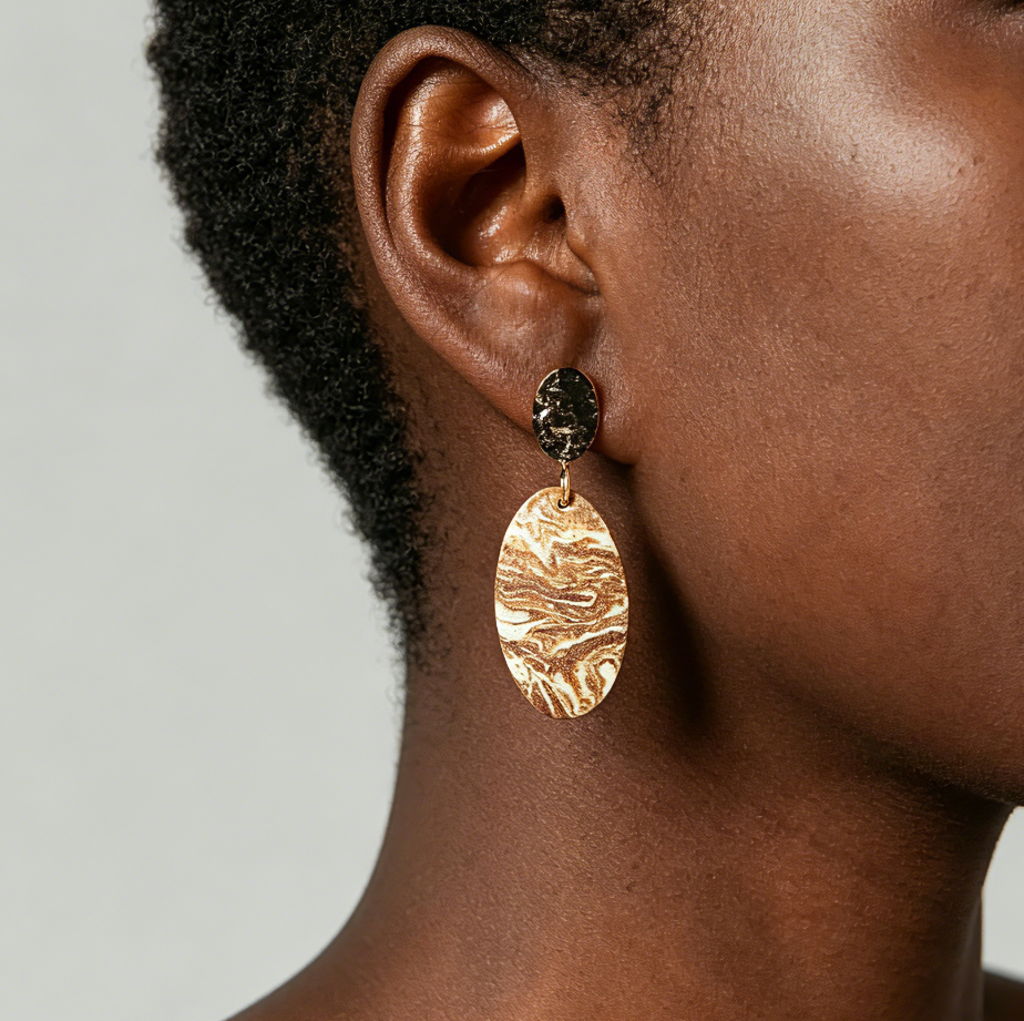 Artisan Nerikomi Ceramic Earrings – Gold Hammered Oval Stud, Large Oval Drop