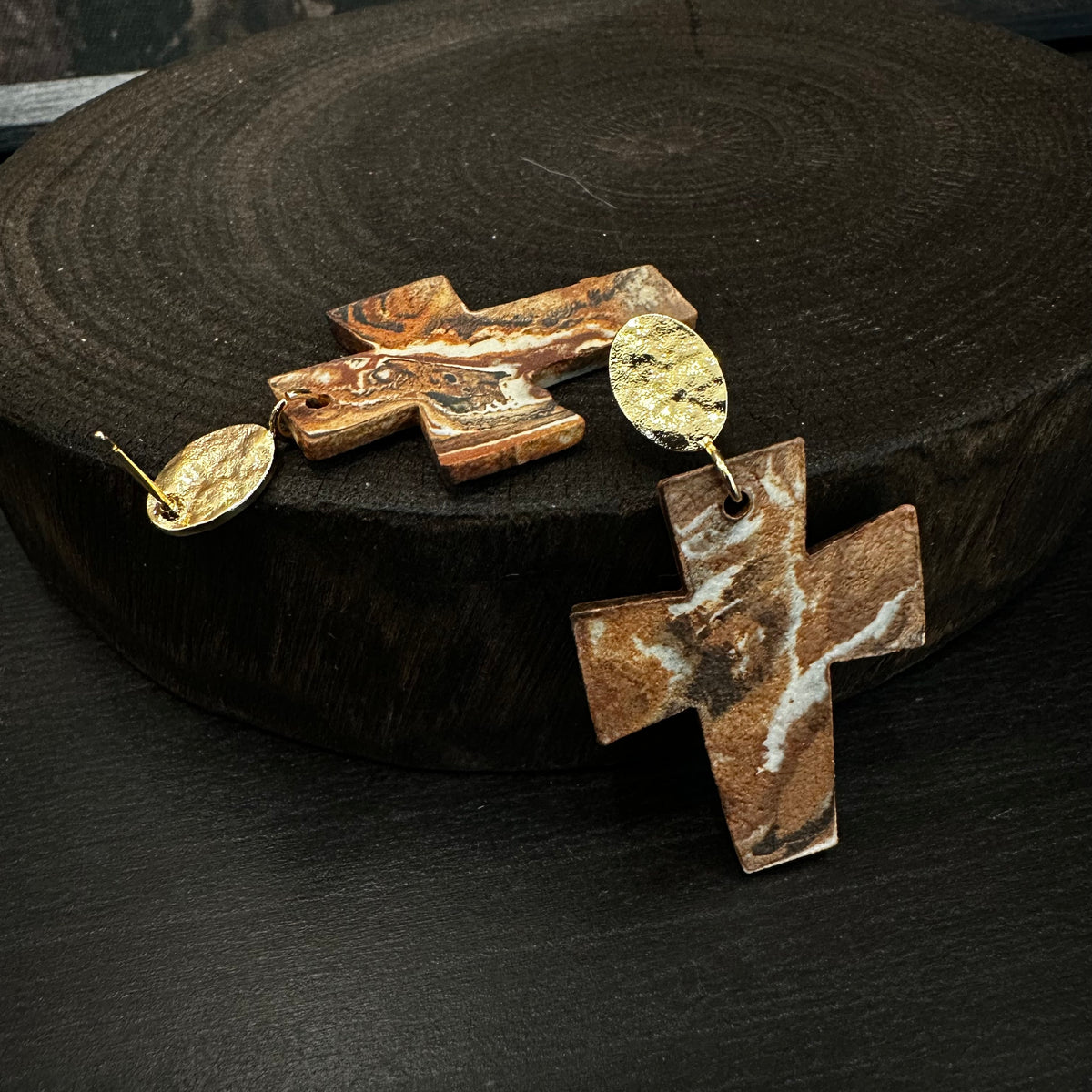 Handcrafted Terracotta-Tone Ceramic Cross Drop Earrings
