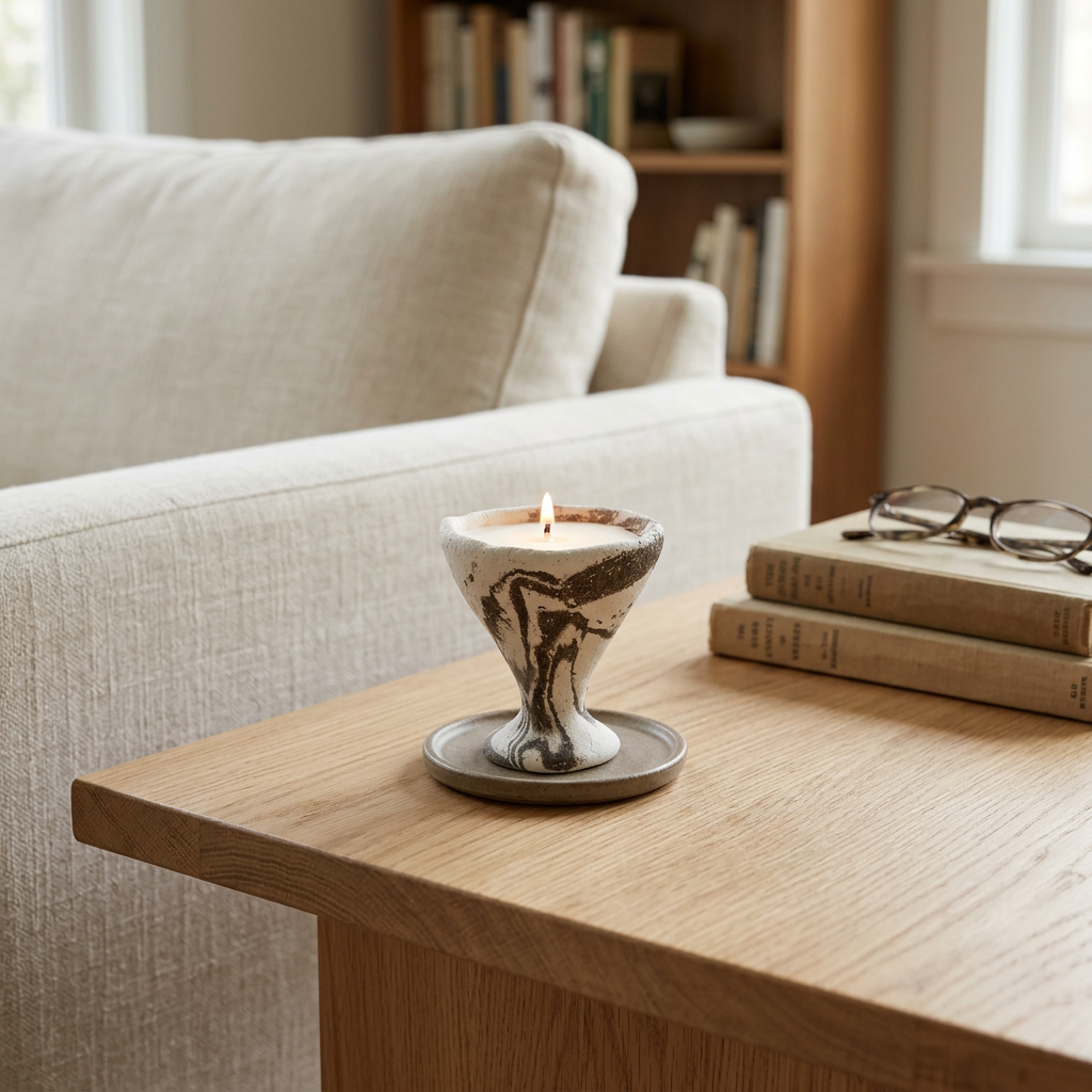 Handcrafted Nerikomi Ceramic Candle - Dark Marbled Pedestal